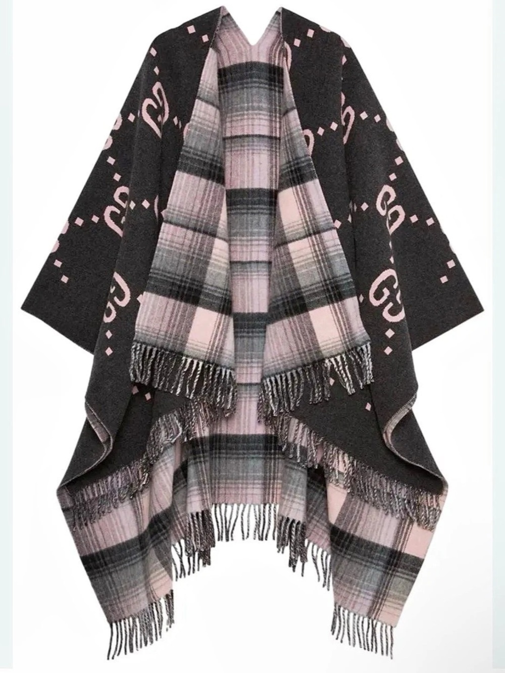 Gucci Black & Pink GG Reversible Poncho with Plaid Panel Plaid Cape